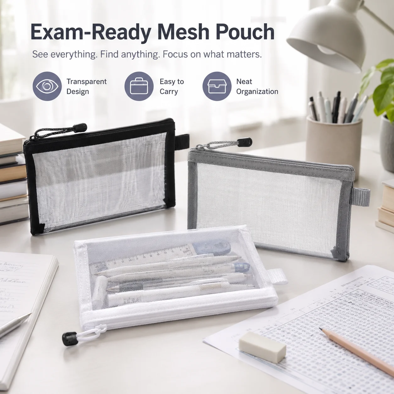 Clear Mesh Pencil Pouch For Exam - Прозрачный сетчатый пенал на молнии, сумка